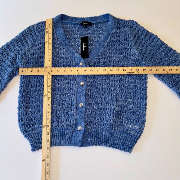 New Lulus Blue Crochet Knit Button Front V Neck Cardigan Sweater Women’s Size L - Picture 4 of 6